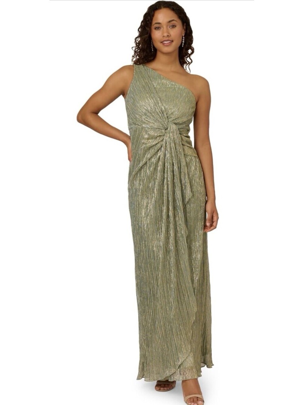 Adrianna Papell One Shoulder Metallic Starburst Gown Size 4 Green Slate NWT $199
